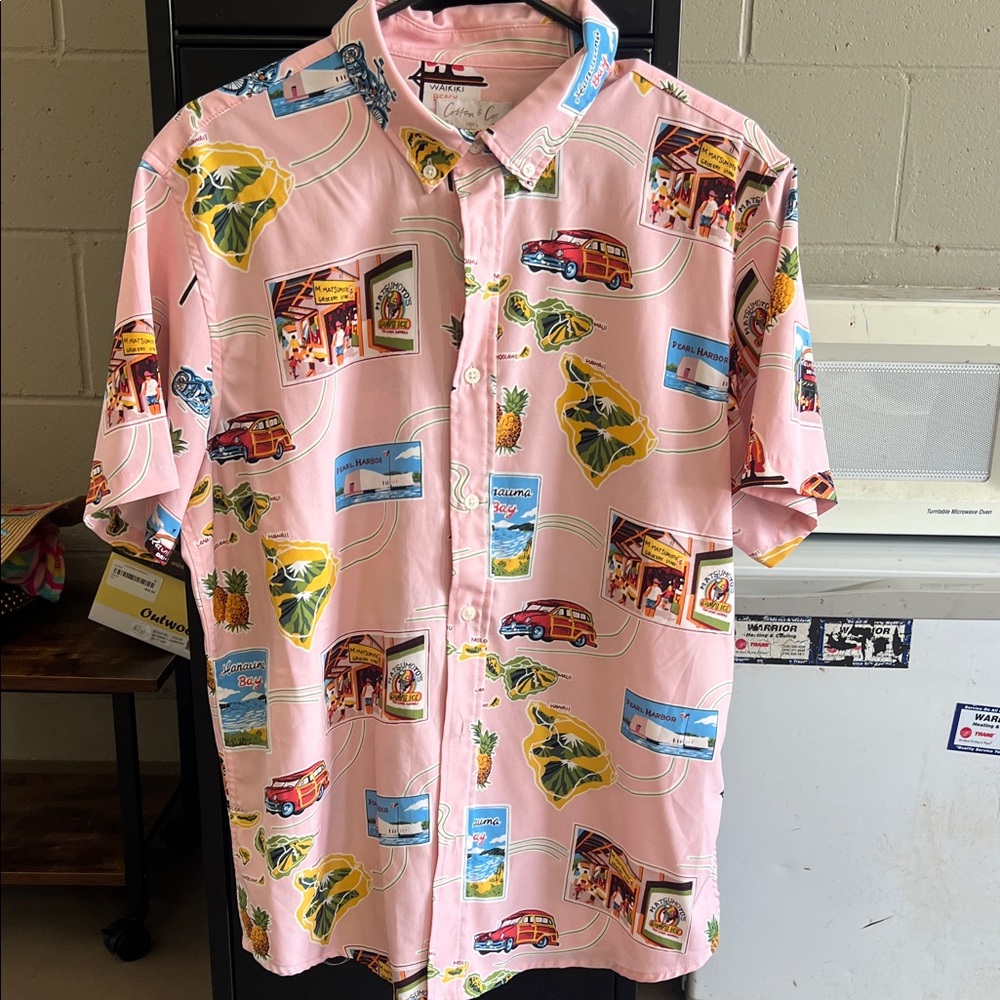 Cotton and co. Pink Tropical Postcard Print Short Sleeve Button-Down Shirt